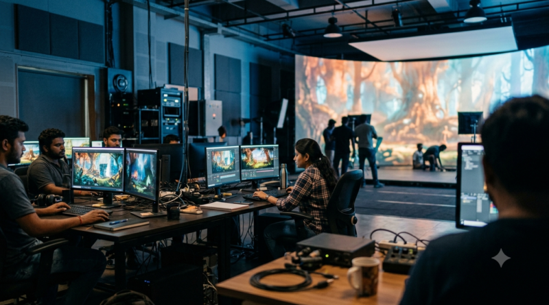 AI and VFX in South Cinema studio artists working at an LED volume wall