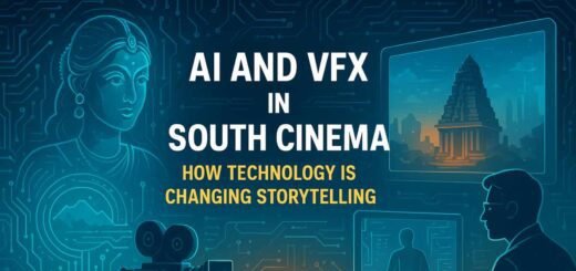 Digital illustration showing AI and VFX technology transforming South Indian cinema storytelling in 2025