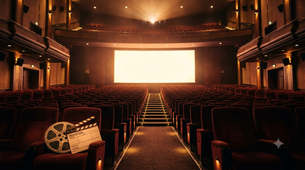 Anticipated Telugu films 2026 — cinematic movie hall representing upcoming Tollywood releases