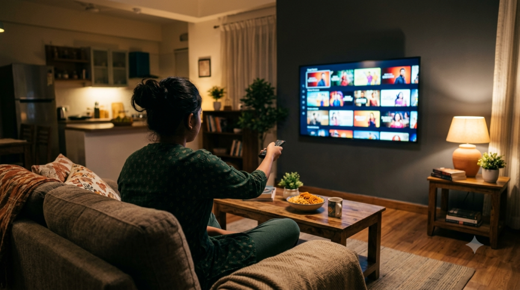 Viewer choosing the best Telugu web series to stream on a smart TV at home