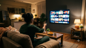 Viewer choosing the best Telugu web series to stream on a smart TV at home