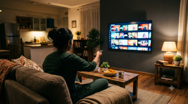 Viewer choosing the best Telugu web series to stream on a smart TV at home