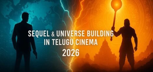 Cinematic artwork blending spy-thriller and mythological superhero visuals, representing G2 and Jai Hanuman universes in Telugu cinema.