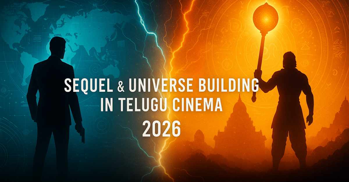 Cinematic artwork blending spy-thriller and mythological superhero visuals, representing G2 and Jai Hanuman universes in Telugu cinema.