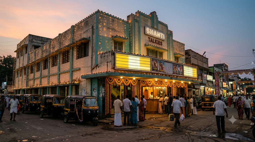 Diwali 2025 Telugu movies box office — festive-lit South Indian cinema with a busy ticket counter at dusk