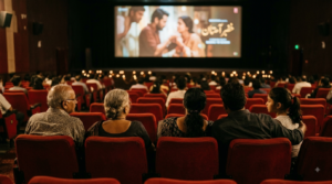 Family Drama Telugu comeback — a three-generation family watching an emotional film in a warmly lit cinema hall