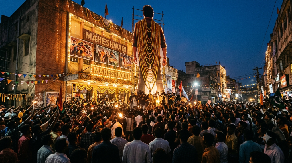 Fan Culture in Telugu Cinema: fans celebrating outside a single-screen theatre with a giant hero cutout on release day