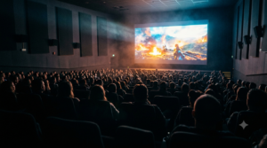 Future of Telugu cinema 2026 — cinema screen with an audience watching