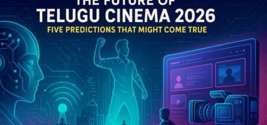 Futuristic digital artwork showing Telugu cinema evolution with AI, OTT, and global expansion themes