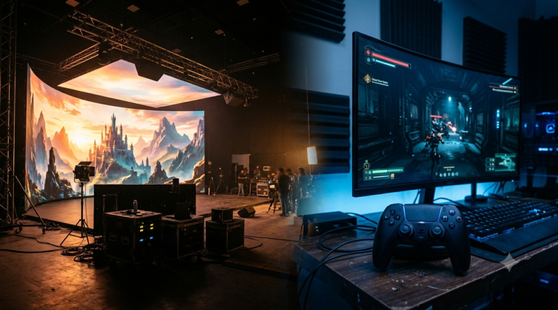 Gaming cinema crossover concept: South Indian film set beside a game controller and glowing screen