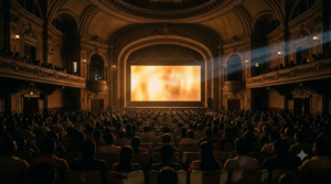 Evolution of pan-India cinema — a packed grand Indian movie theatre with a huge glowing screen and warm projector light