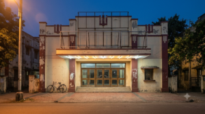 South Indian film remakes: single-screen cinema facade in South India with blank banner hoardings at dusk