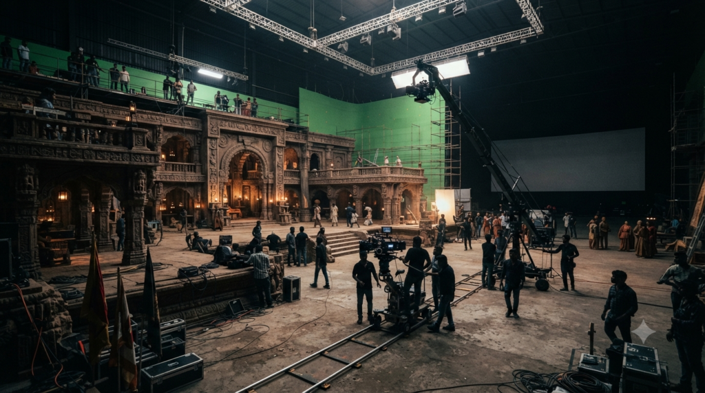 High budget Telugu films 2026 with large-scale film production sets and cinema lighting