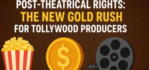 Illustration showing a popcorn box, gold coin, and film reel symbolizing post-theatrical rights and revenue growth in Tollywood.