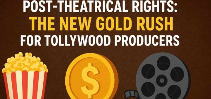 Illustration showing a popcorn box, gold coin, and film reel symbolizing post-theatrical rights and revenue growth in Tollywood.