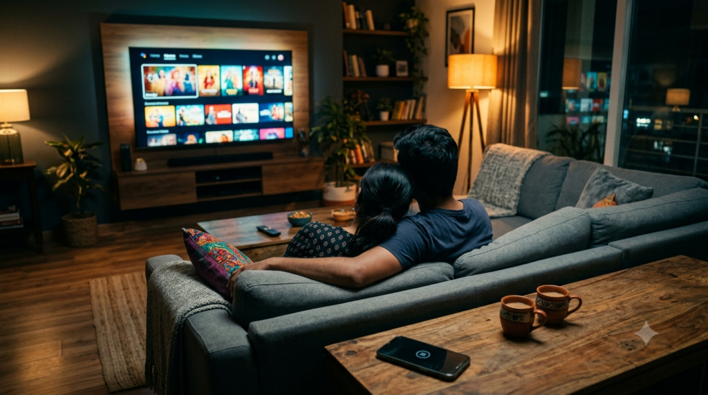 Couple watching a Telugu show on a smart TV, illustrating the 2026 JioHotstar Telugu lineup of new originals