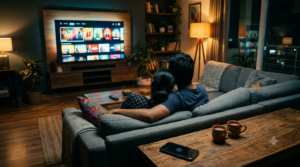 Couple watching a Telugu show on a smart TV, illustrating the 2026 JioHotstar Telugu lineup of new originals