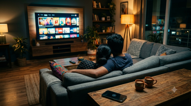 Couple watching a Telugu show on a smart TV, illustrating the 2026 JioHotstar Telugu lineup of new originals