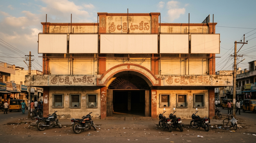 New generation Telugu actors theme image showing a South Indian single-screen cinema with blank hoardings