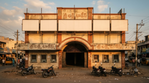 New generation Telugu actors theme image showing a South Indian single-screen cinema with blank hoardings