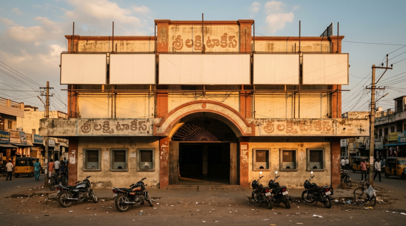 New generation Telugu actors theme image showing a South Indian single-screen cinema with blank hoardings