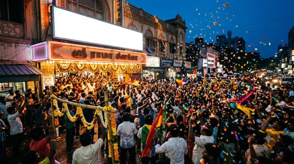 Pokiri 2006 4K re-release — crowd outside a cinema showing a Telugu action classic