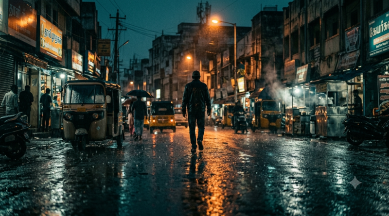 Prabhas Spirit film mood image: a rain-soaked neon city street in a gritty cop-thriller style