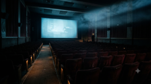 Empty dim cinema hall evoking the mood of psychological Telugu films