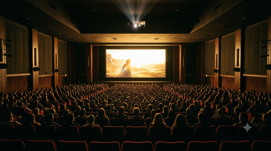 RRR success Telugu filmmakers concept: audience in a glowing cinema hall watching a big-screen Telugu blockbuster