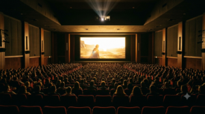 RRR success Telugu filmmakers concept: audience in a glowing cinema hall watching a big-screen Telugu blockbuster