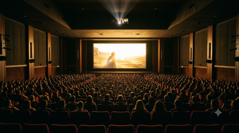 RRR success Telugu filmmakers concept: audience in a glowing cinema hall watching a big-screen Telugu blockbuster