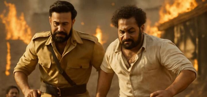 A still from the movie RRR showing Ram Charan and N.T. Rama Rao Jr. in a powerful action scene, representing the global success and influence of the film on Telugu filmmakers.