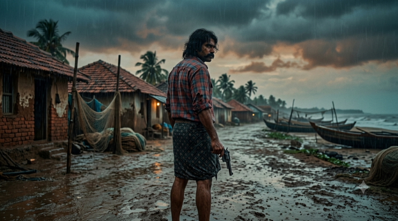 Rowdy Janardhana 1980s period action drama poster concept with a rain-soaked rural coastal Andhra backdrop