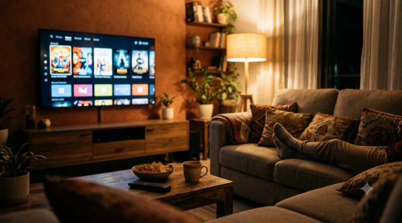 Small films in the OTT era streaming on a TV in a cosy Indian living room