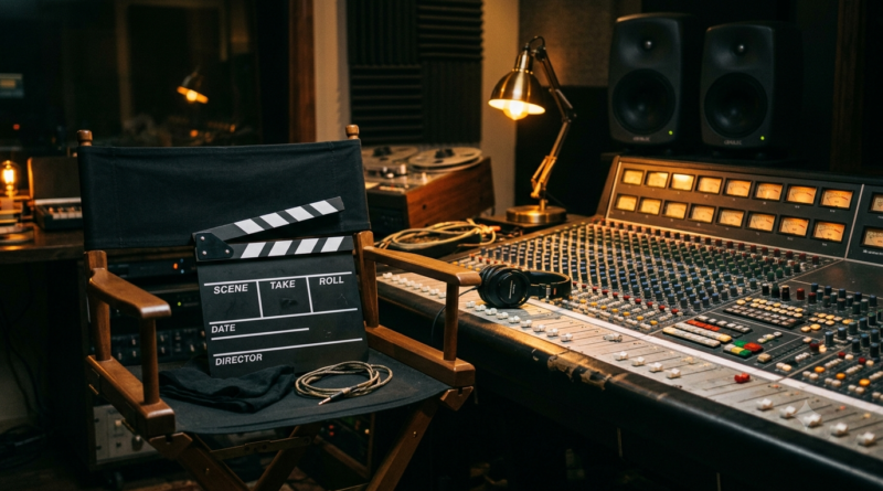 South Indian composer directors concept: a director's chair and clapperboard beside a music mixing console