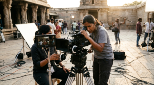 South Indian women technicians operating a cinema camera on a film set at golden hour