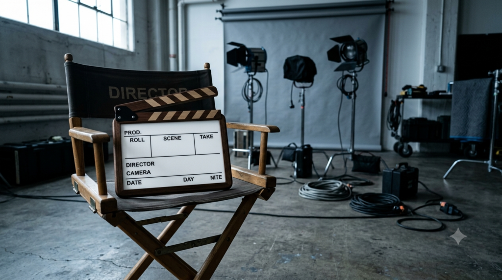 Blank film clapperboard on an unlit set, illustrating unconfirmed Sudheer Babu new movie reports