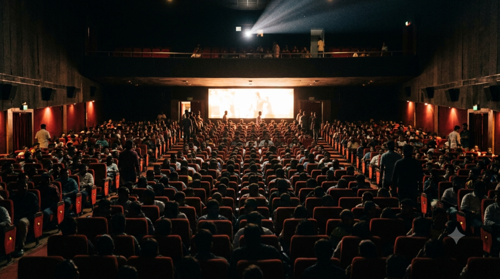 Telugu cinema 2025 box office review — crowded Indian cinema hall facing a glowing screen