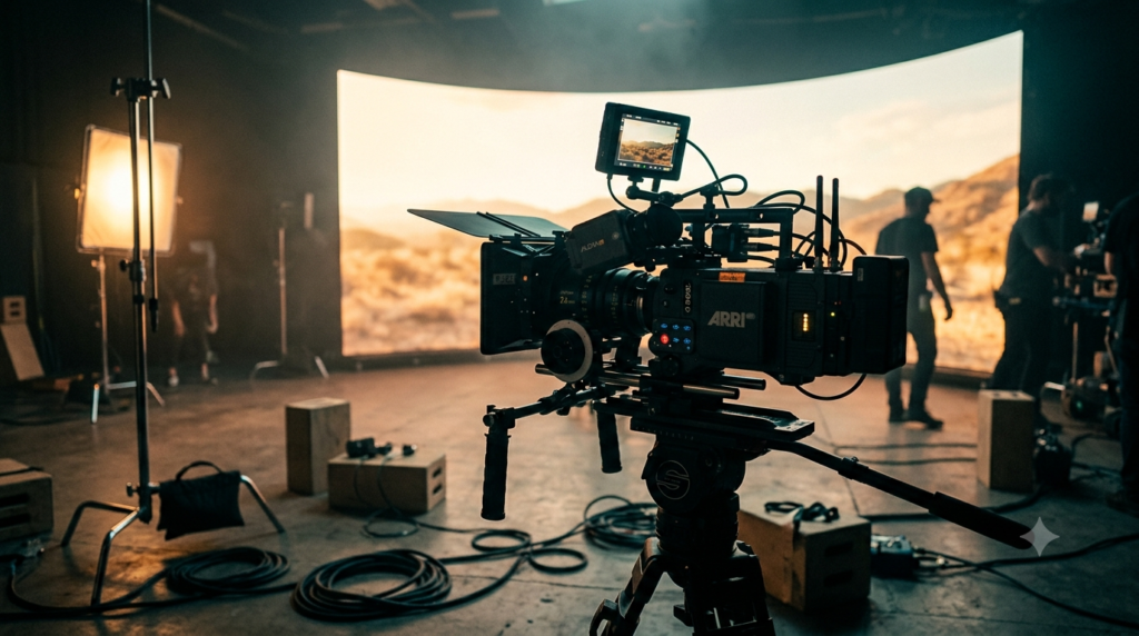 Telugu cinema cinematography setup — a digital cinema camera on a rig with an LED virtual-production wall behind it