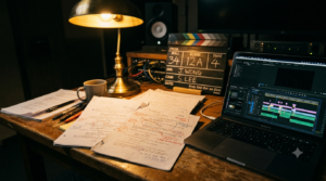 Telugu film storytelling evolution shown through a screenwriter's marked-up script and editing desk
