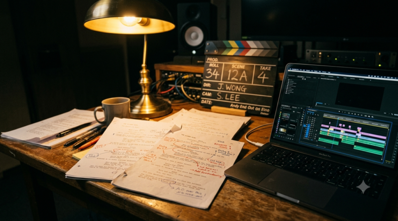 Telugu film storytelling evolution shown through a screenwriter's marked-up script and editing desk