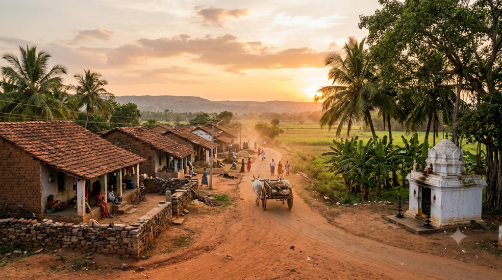 Telugu films regional identity shown through a rural South Indian village at golden hour