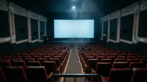 Telugu horror movies: darkened cinema auditorium lit only by the screen during a late-night screening