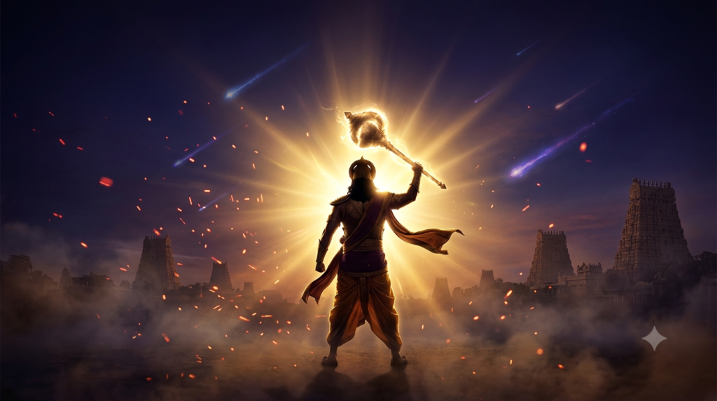 Telugu mythology superhero films 2026 concept art with divine symbols and cinematic lighting