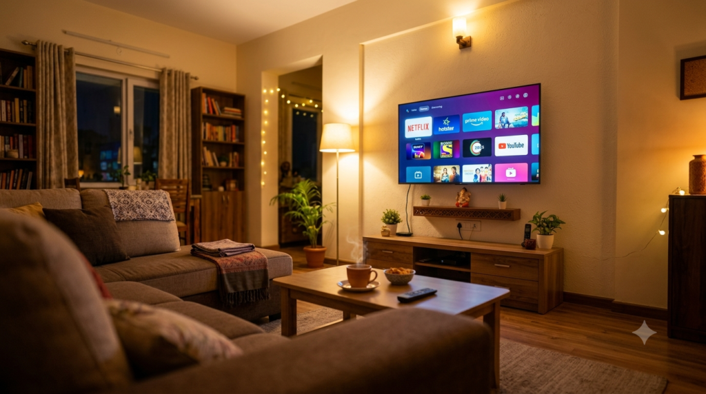 Telugu OTT battle 2026 comparison: Aha, JioHotstar and Netflix apps on a smart TV
