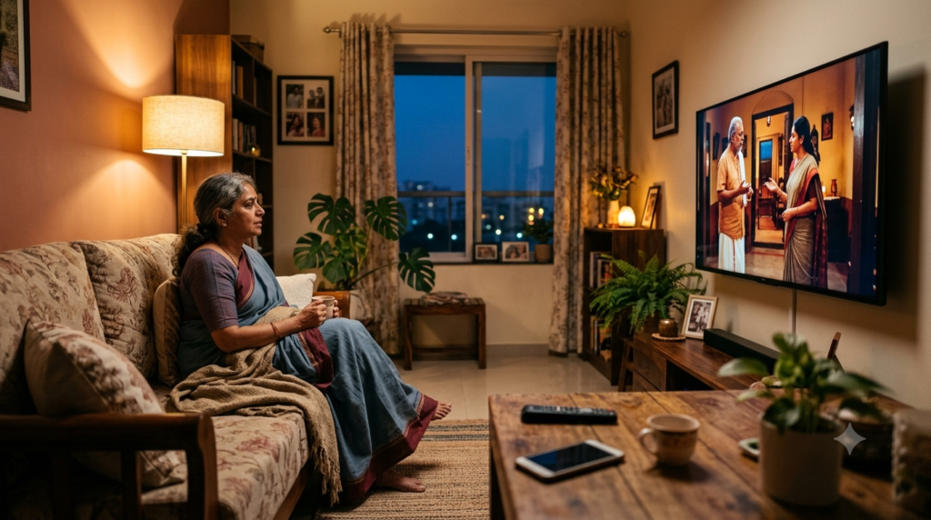 Telugu OTT storytelling concept — a viewer watching a Telugu web series at home on a large TV at dusk