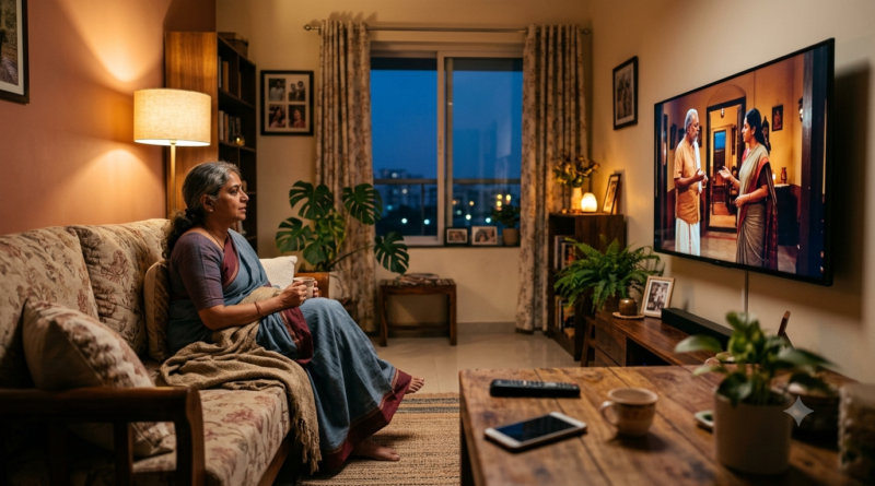Telugu OTT storytelling concept — a viewer watching a Telugu web series at home on a large TV at dusk