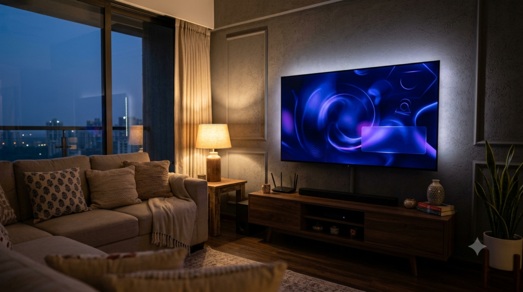 Telugu OTT releases 2025 streaming guide showing a home television and streaming setup.