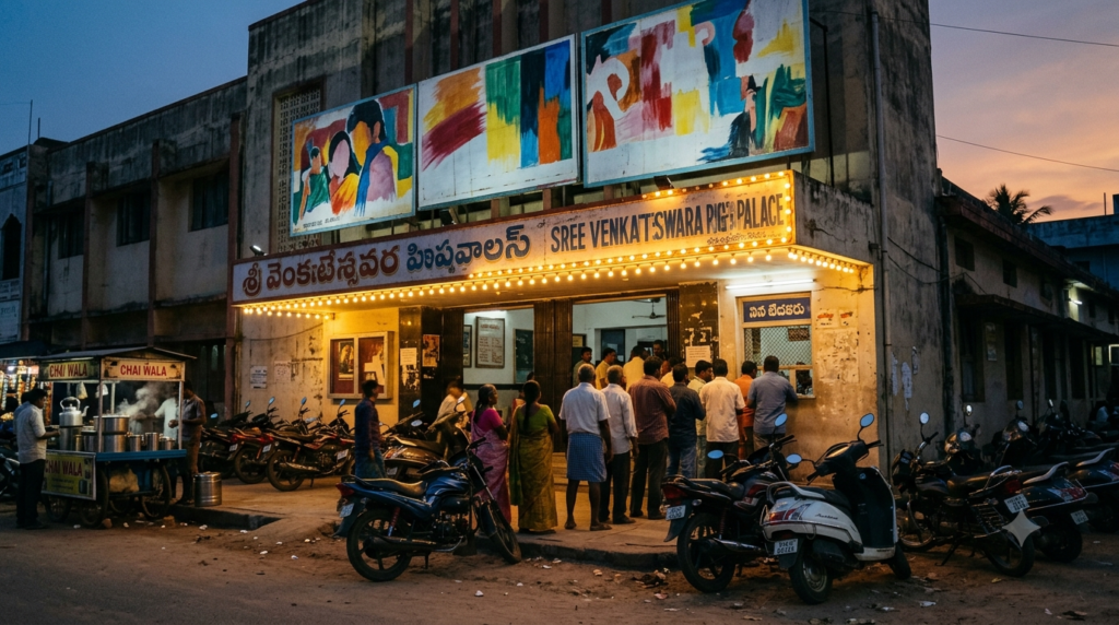 Telugu romantic comedies audience queuing outside a lit single-screen cinema in the evening