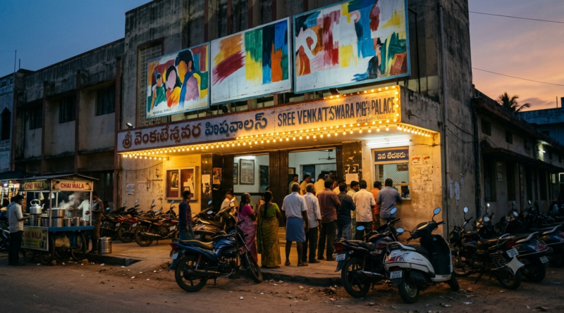 Telugu romantic comedies audience queuing outside a lit single-screen cinema in the evening